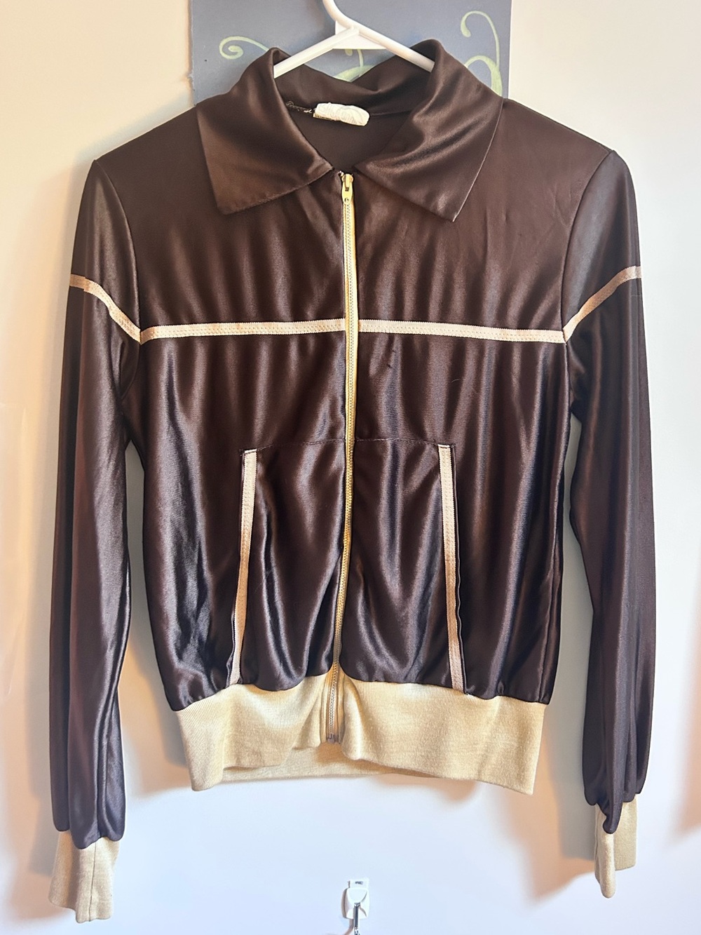 Vintage Brown Satin Zip-Front Women's Collared Jacket with Cream Trim